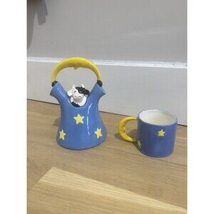 VTG 1993 Clay-Art San Francisco Cow Under The Moon Teapot And Cup